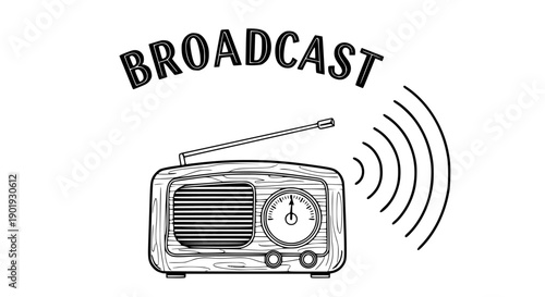A clean and modern vector illustration featuring a vintage radio with broadcast signal waves, evoking retro communication and timeless media themes for versatile design projects.