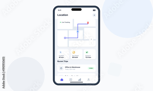 A smartphone displays a modern location tracking application with a map showing a route, trip statistics like speed and distance, and a list of recent travel history on a clean interface.