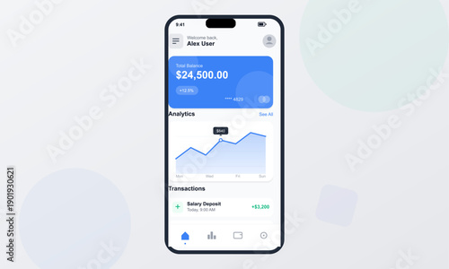 A mobile phone screen shows a banking app dashboard with account balance, spending analytics chart, and transaction details. The design is minimalist with a blue and white color palette.