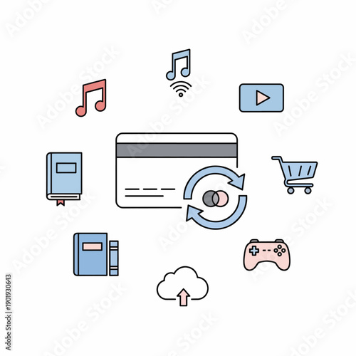Digital Payment Methods and Online Shopping Icons.
