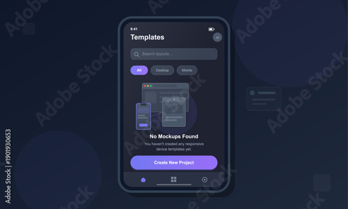 A mobile application interface displays a templates screen with an empty state message. The dark mode design features a search bar, device categories, and a create new project button.