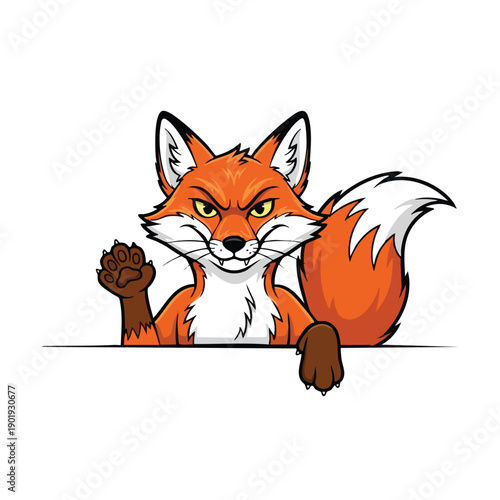 Angry Fox Mascot with Raised Paw and Intense Gaze.