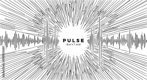 Dynamic abstract soundwave visualization with bold 'PULSE RHYTHM' text, evoking energy and motion in a sleek monochrome vector design perfect for music, tech, and creative projects.