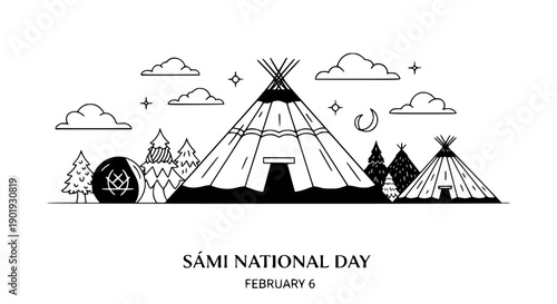 Vibrant vector illustration depicting Sami National Day on February 6, featuring traditional lavvu tents, reindeer, and scenic nature with clouds and trees in a clean flat design style.