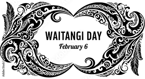 Striking black and white vector illustration featuring intricate Maori patterns celebrating Waitangi Day on February 6, perfect for cultural events, print designs, and scalable graphics.
