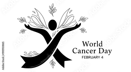 World Cancer Day awareness ribbon with wings and date February 4 vector illustration flat design