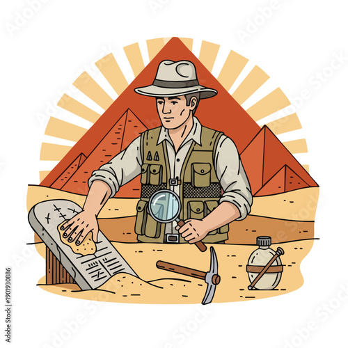 Archaeologist uncovering ancient tablet in desert landscape.