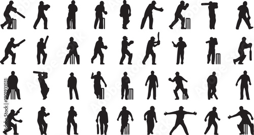 Collection of 36 black human silhouettes isolated on transparent background