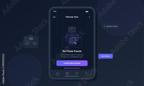 Mobile app user interface mockup shows a sitemap view screen with an empty state message. The design uses a dark color palette with purple call to action buttons and icons.