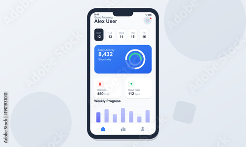 A mobile phone screen shows a health and wellness app interface featuring activity metrics like steps, heart rate, and calories alongside a weekly progress bar chart and calendar.