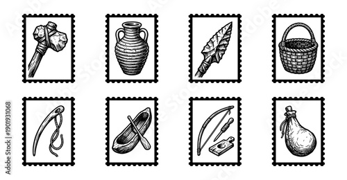 Vintage Hand Drawn Woodcut Primitive Artifact Postage Stamp Collection for Neolithic Archeology and Survival Gear Design