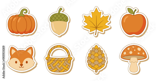 Autumn Sticker Set with Cute Forest Elements Illustration