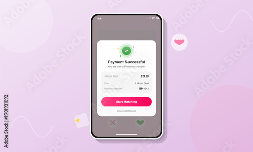 A mobile phone screen shows a successful transaction for a gold subscription plan. The interface includes a green checkmark, payment details, and a pink button to start matching.