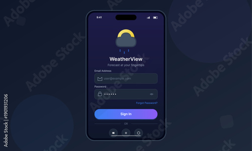 A smartphone displays a dark mode login screen for a weather application featuring a cloud icon, email and password input fields, and a blue gradient sign in button.