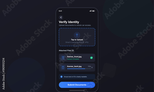 Mobile app screen for identity verification featuring a document upload section with progress bars for license images and a blue submit button on a dark background.