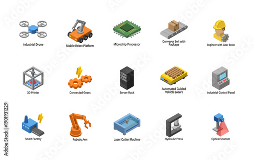 Isometric industrial automation and smart factory technology icon set featuring robotic machinery, processing hardware, and manufacturing equipment.