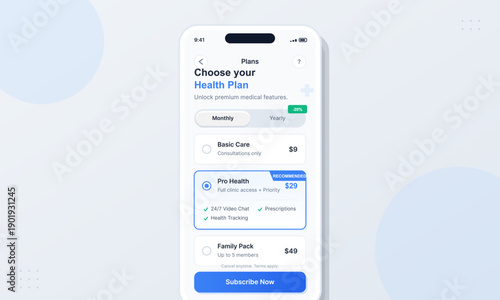 A smartphone displays a mobile application interface for choosing a health insurance plan with monthly and yearly options, featuring basic, pro, and family subscription tiers.