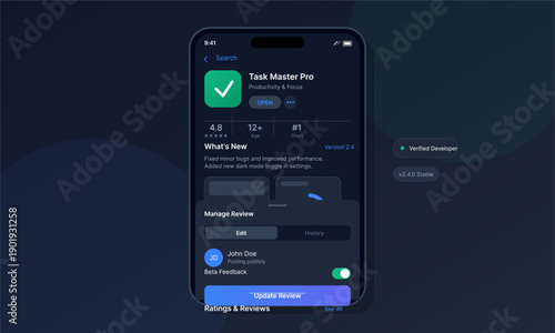 A mobile phone interface shows a task management application listing in dark mode, including a green icon, version updates, and options to edit or update a user review.