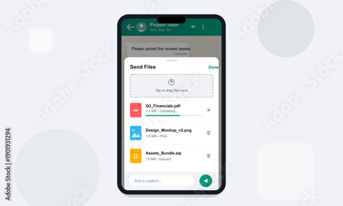 A mobile phone screen shows a messaging app with a file sharing menu. Several digital files like a document, image, and archive are being uploaded to a group conversation for work.