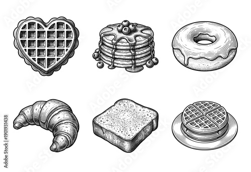 Breakfast pastry and bakery collection featuring hand drawn vintage engraving style illustrations of waffles, pancakes, donut, croissant, and toast.