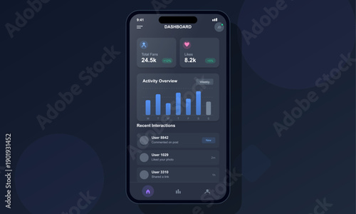A smartphone displays a social media analytics dashboard with a dark theme. It features fan counts, like statistics, a weekly activity bar chart, and a list of recent user interactions.