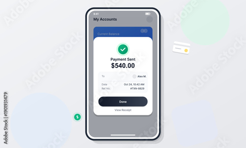 A smartphone displays a successful digital payment confirmation for five hundred and forty dollars to a recipient on a clean minimalist user interface with abstract shapes.
