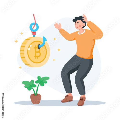 Premium flat style illustration of bitcoin phishing, cryptocurrency scam