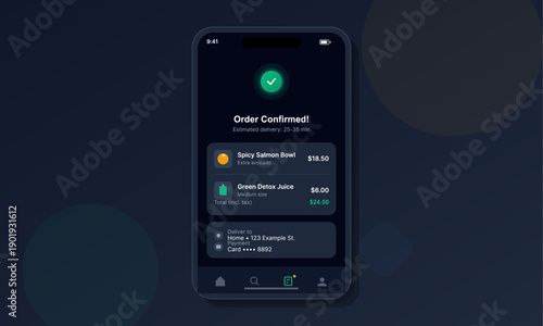 A mobile phone screen shows a successful food order confirmation with a list of items including a salmon bowl and juice. The dark theme UI includes delivery and payment details.