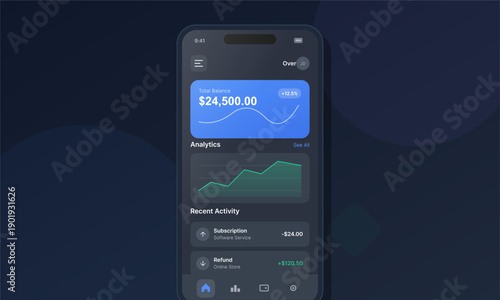A mobile phone screen showing a banking app with a dark mode interface, featuring a total balance display, line charts for analytics, and a list of recent financial transactions.