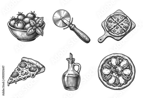 Pizza and italian ingredients collection featuring hand drawn vintage engraving style illustrations of tomatoes basil olive oil and sliced pizza