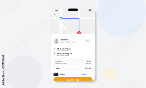 A mobile application interface showing a ride-sharing booking screen with a map route, driver details, fare breakdown, and a confirm ride button on a smartphone display.