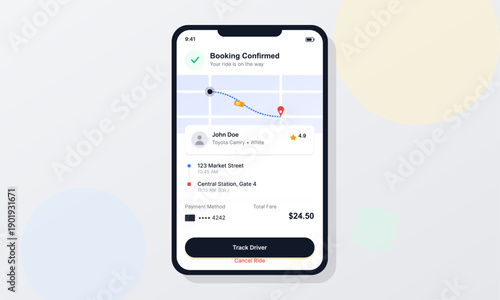 A mobile phone screen shows a ride-hailing app with a confirmed booking, map tracking, driver information, and payment details against a minimalist graphic background.