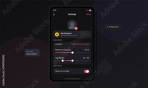 A smartphone displays a dark mode user interface for a dating application settings screen, featuring discovery filters for distance and age range with pink slider controls.