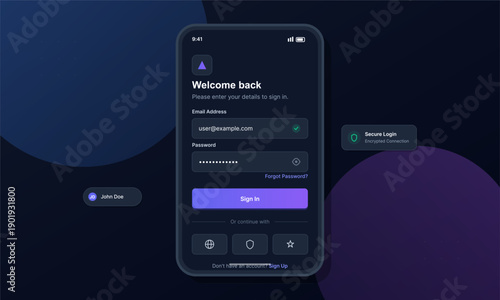 A modern dark mode mobile application login screen interface featuring email and password input fields, a purple sign-in button, and social authentication options on a dark background.