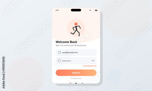 A mobile application login screen for a fitness journey featuring a running stick figure icon, email and password input fields, and a bright orange sign in button on a clean white background.