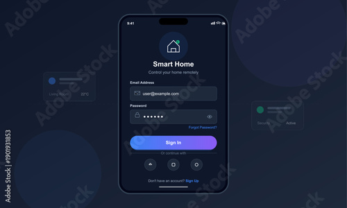 A dark-themed mobile application login screen for a smart home system displayed on a smartphone. The interface includes email and password fields with a purple sign-in button.