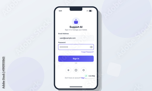 A smartphone displays a modern mobile application login screen for a support service featuring email and password input fields, a blue sign in button, and various circular navigation icons.