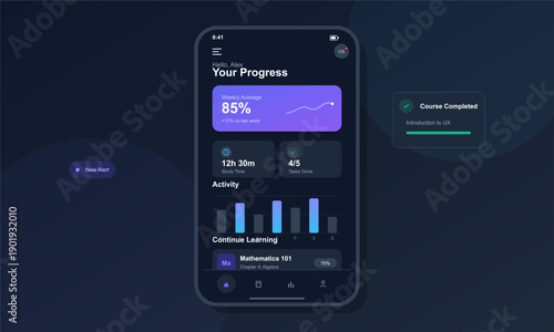 This dark mode mobile app interface displays a learning dashboard with progress statistics, activity charts, and course completion notifications on a sleek smartphone screen.