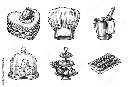 Culinary and fine dining themed collection featuring hand drawn vintage engravings of gourmet food items, a chef hat, and beverage service elements.