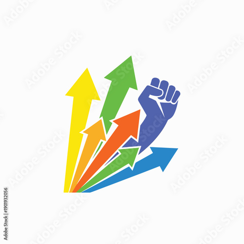 A raised fist with multiple colorful arrows pointing upwards