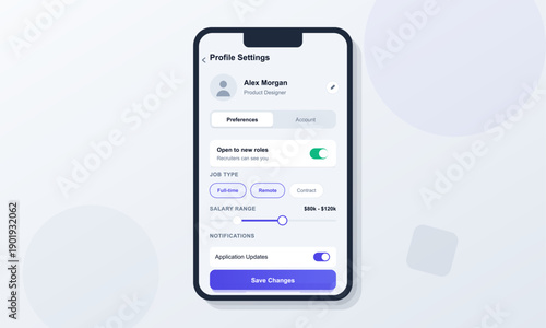 A smartphone displays a profile settings interface for a job search application. The screen shows user preferences including job type, salary range, and notification toggle switches.