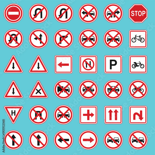 Vector set of 42 red and white road traffic signs, warning, prohibition, mandatory, and information symbols on blue background