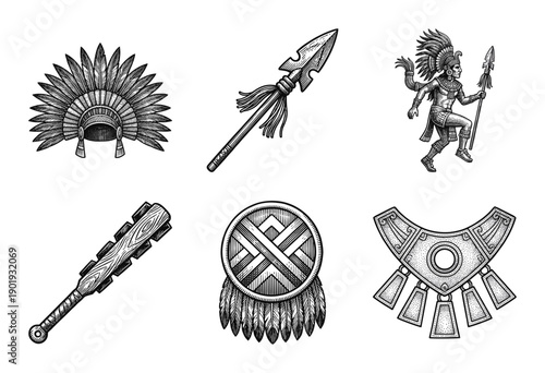 Collection of pre-columbian indigenous warrior equipment and cultural icons featuring woodcut style line art illustrations of spears shields and ceremonial dress.