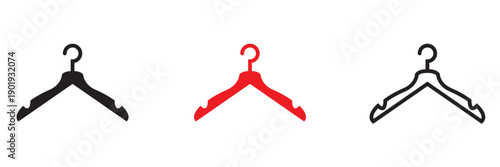 Clothes Hanger Icons in Multiple Styles. Simple illustration of clothes hangers in black, red, and outline styles, representing fashion, retail, wardrobe organization, and apparel concepts.

