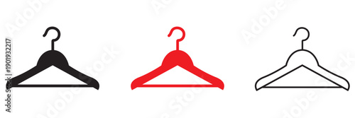 Clothes Hanger Icons in Multiple Styles. Simple illustration of clothes hangers in black, red, and outline styles, representing fashion, retail, wardrobe organization, and apparel concepts.

