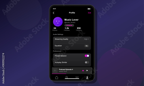 This mobile app interface displays a user profile for a music streaming platform with audio settings, preferences, and a podcast player on a dark purple background.