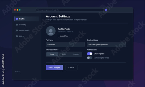 This digital mockup displays a dark theme account settings page with fields for personal information, profile photo upload, interface theme, and notification toggle switches.