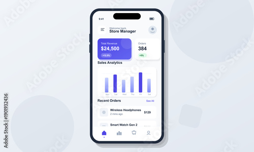 A smartphone displays a store manager dashboard with sales analytics, total revenue, and recent orders. The modern user interface features a clean design with purple and white elements.