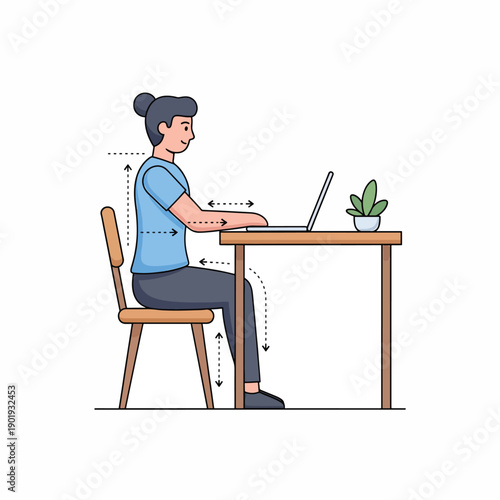 A woman sits at a desk with good posture while using a laptop