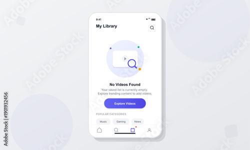 A mobile application interface displays an empty library screen with a search icon and a button to explore videos. The clean UI design features popular categories like music and gaming.